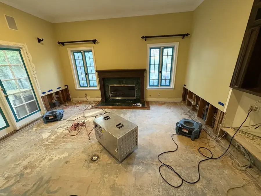 A dehumidifier drying a flood-cut room in a San Marino, CA home