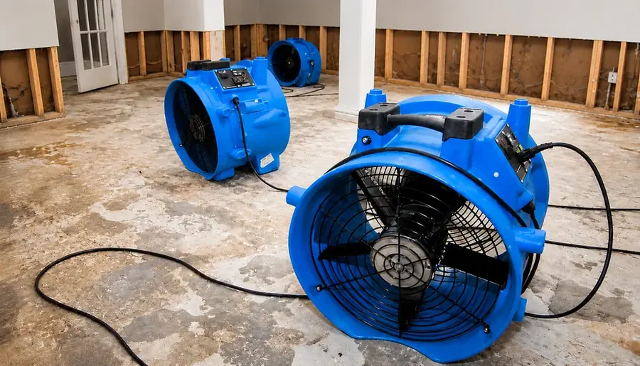 Air movers drying a floor after a water heater failure in a San Marino garage